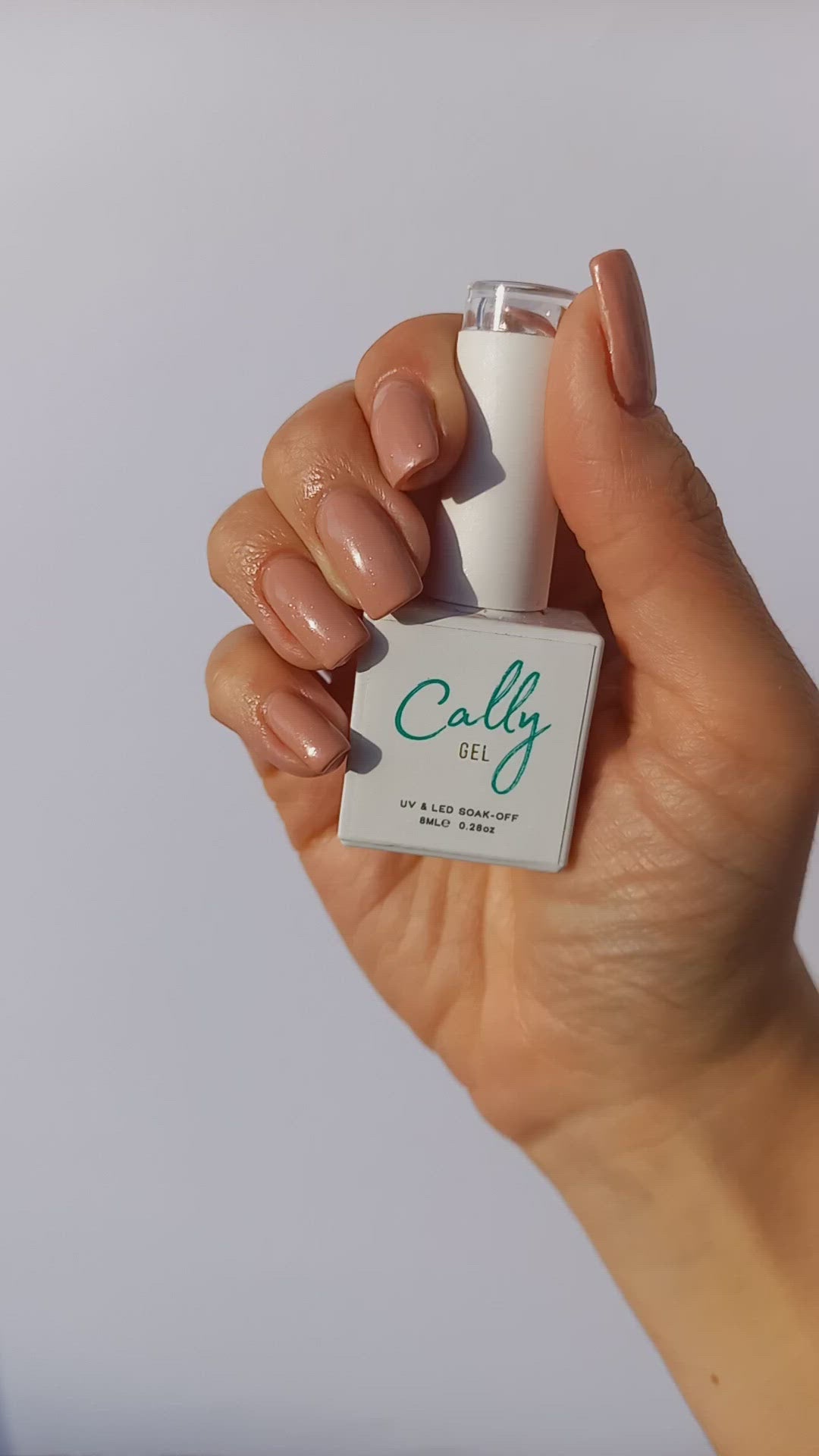 Showing Hand Manicured with Desert Taupe Cally Gel Nail Polish & 8ml bottle in Hand