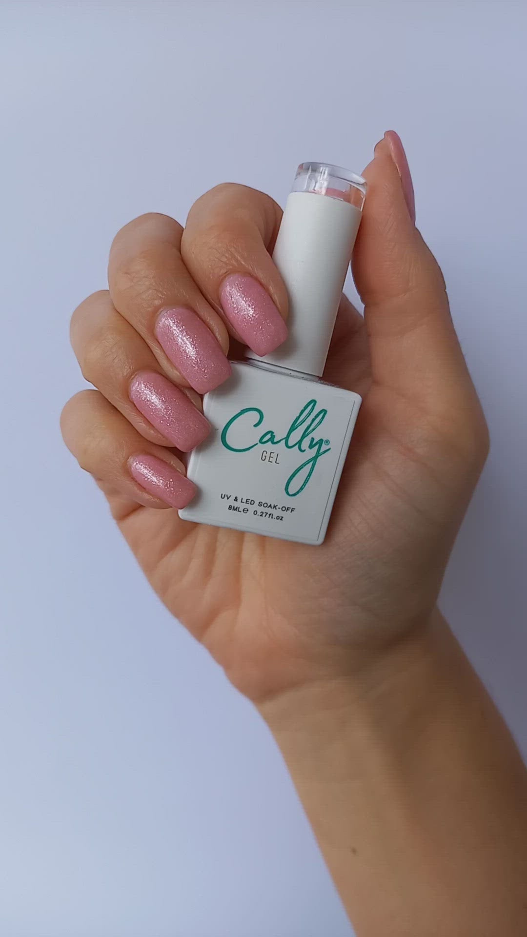 Showing Manicured with Heavenly Pink Cally Gel Nail Polish and 8ml Bottle in Hand