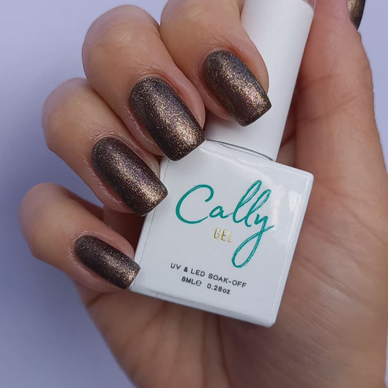 Showing Hand Manicured with Chocolate Sparkle Cally Gel Nail Polish & 8ml Bottle in Hand