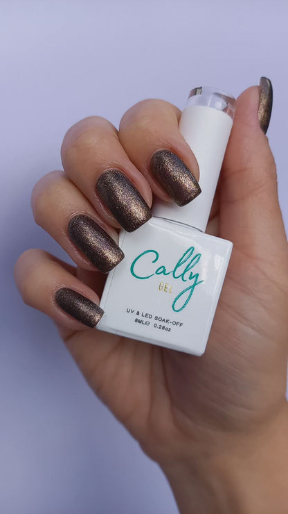 Showing Hand Manicured with Chocolate Sparkle Cally Gel Nail Polish & 8ml Bottle in Hand