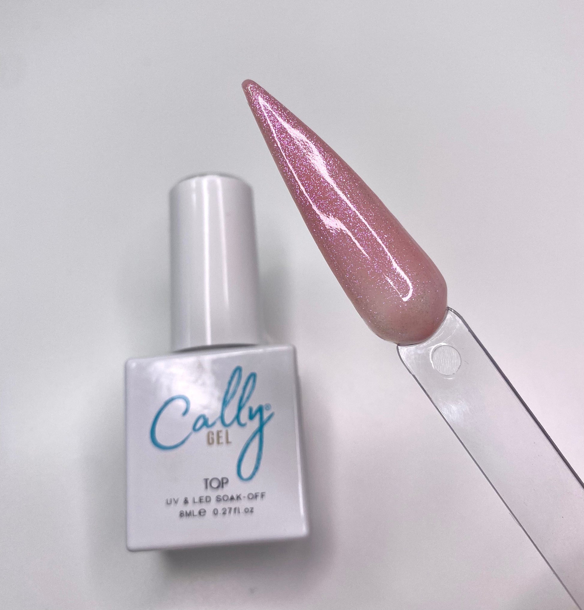 Cosmo Cally Gel Top Coat 8ml Bottle with focus on colour sample