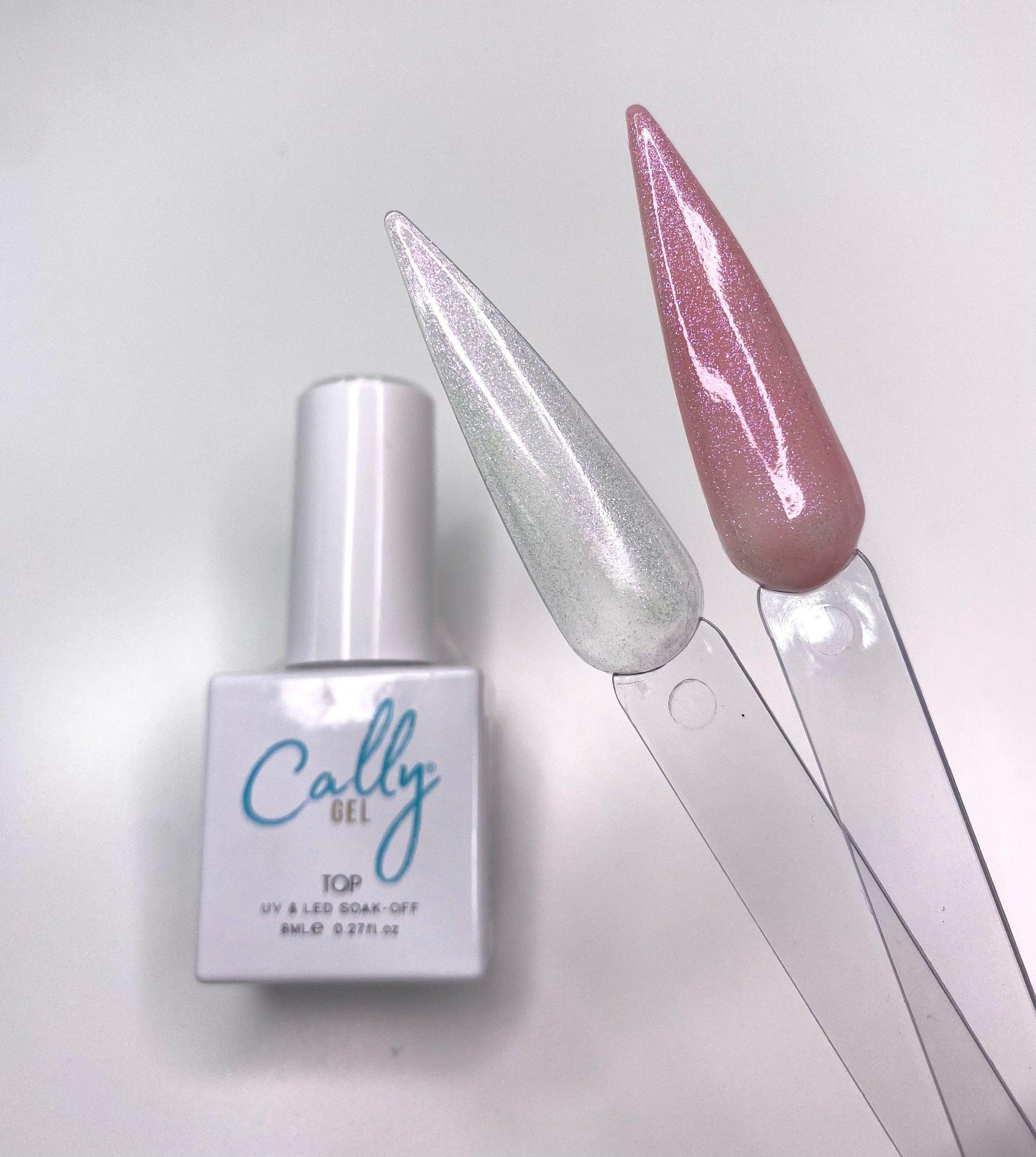 Cosmo Cally Gel Top Coat 8ml Bottle with focus on colour sample
